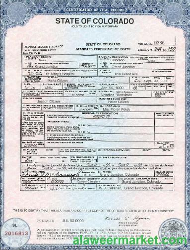 USA Colorado state death certificate template in PSD format